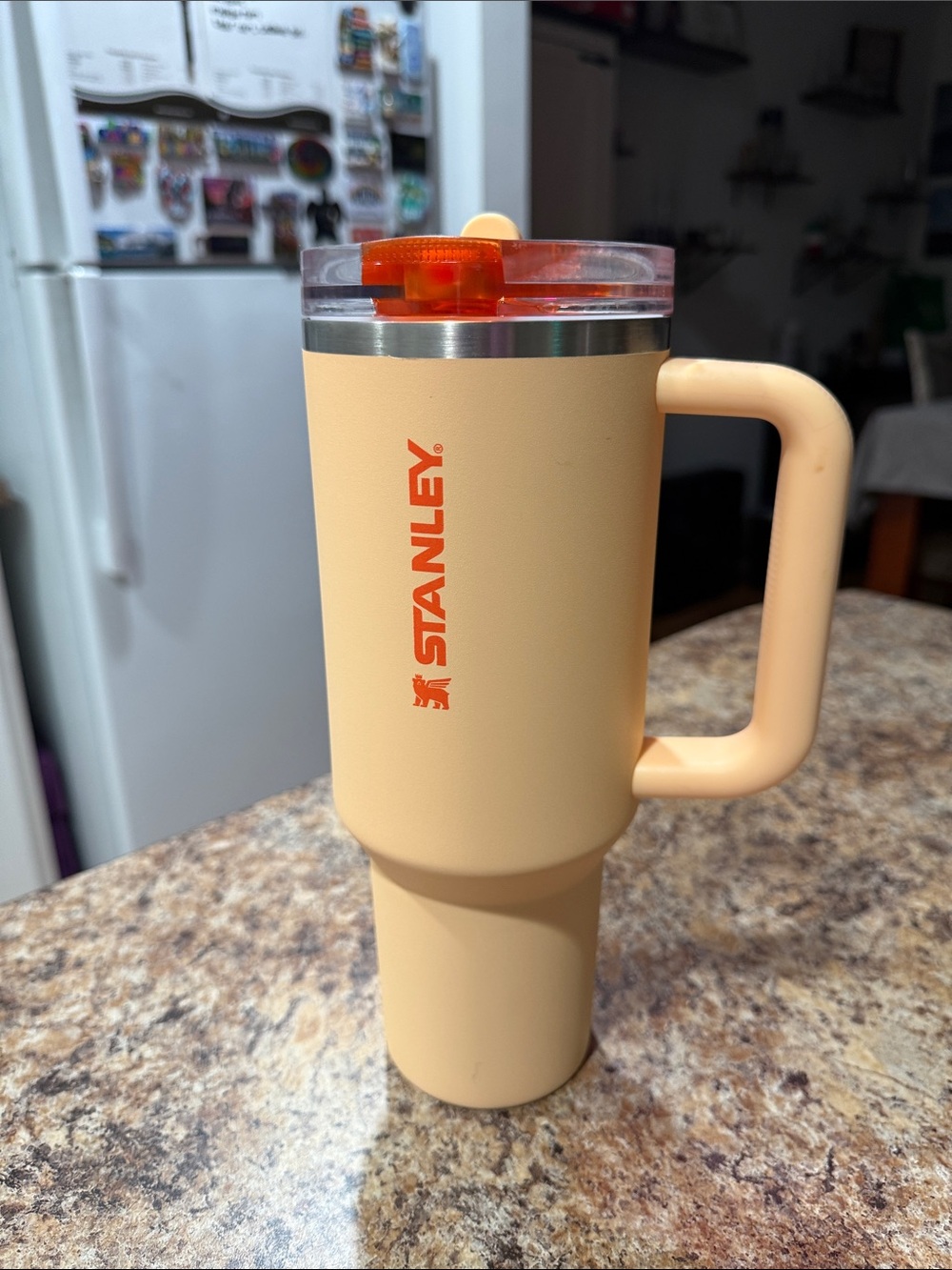 Stanley Peach Travel Mug with Orange Logo and Lid Accent